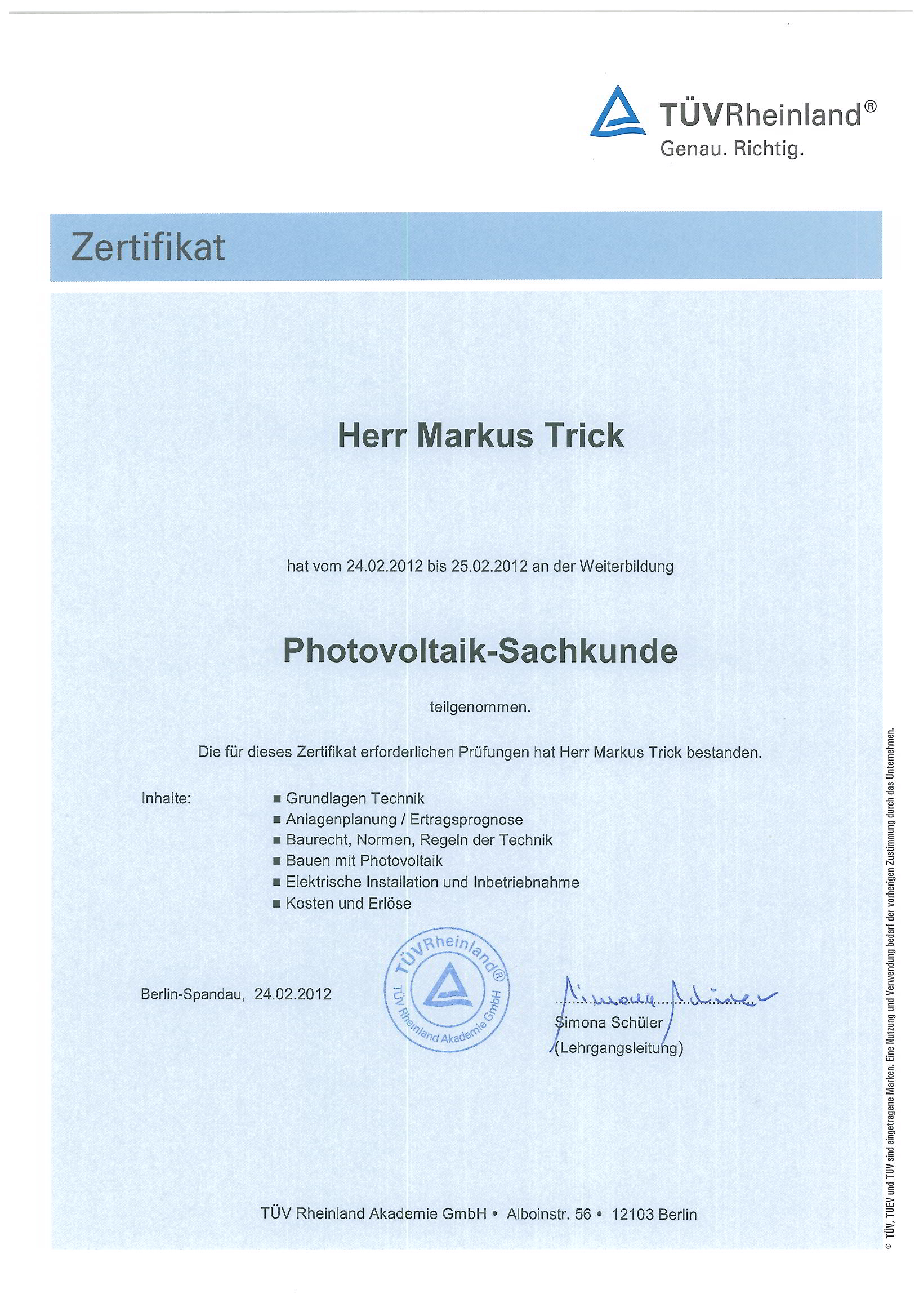 Zertifikat - TÜV-geprüfter Photovoltaiksachkundiger - Markus Trick