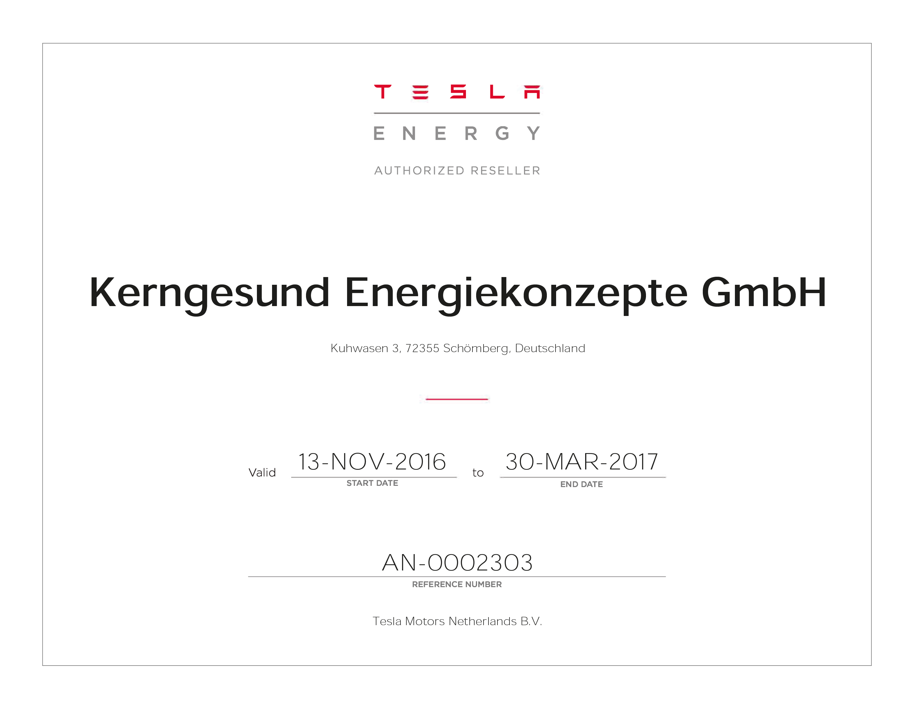 Zertifikat - TESLA ENERGY - AUTHORIZED RESELLER - Kerngesund Energiekonzepte GmbH
