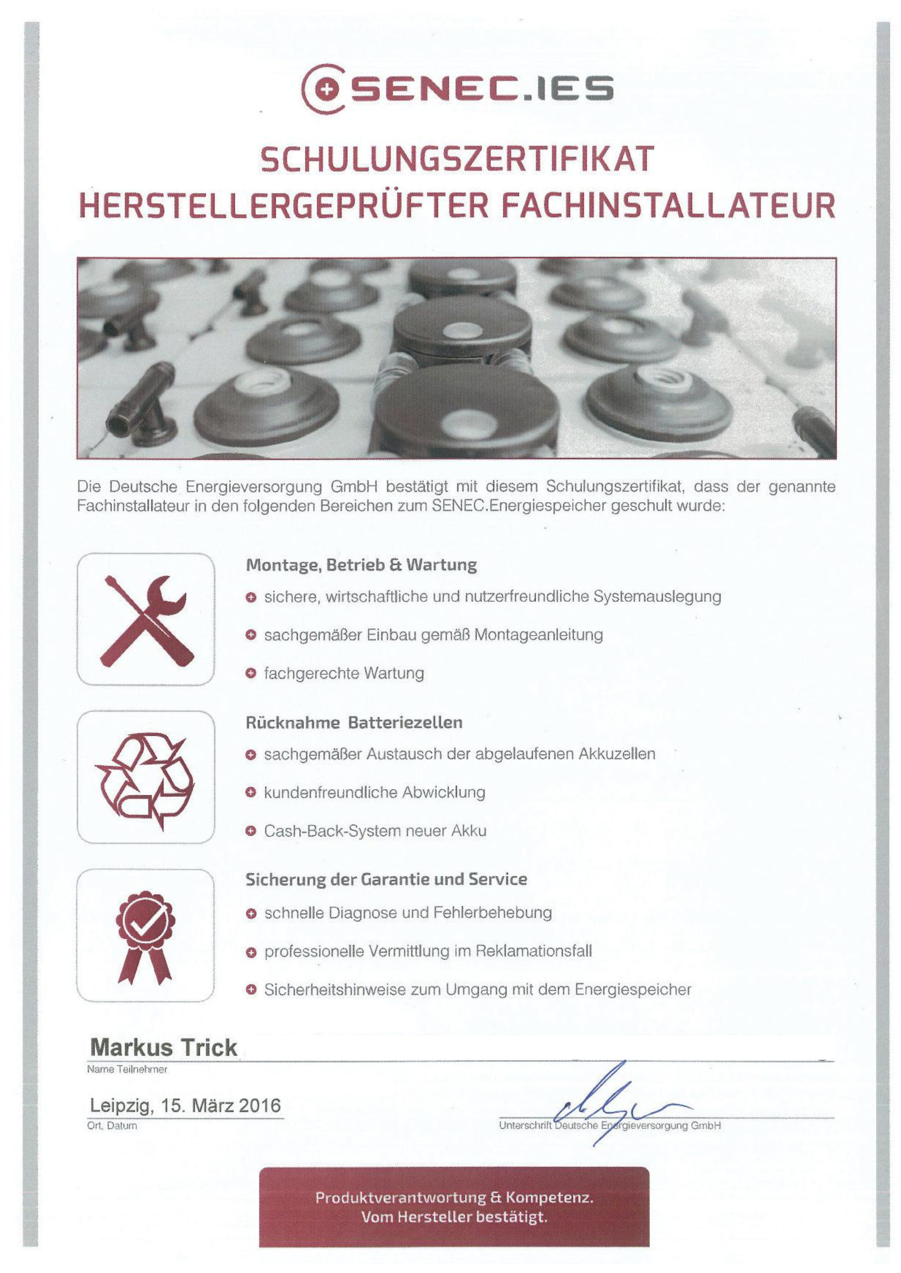Zertifikat - Herstellergeprüfter Fachinstallateur - SENEC.IES - Markus Trick