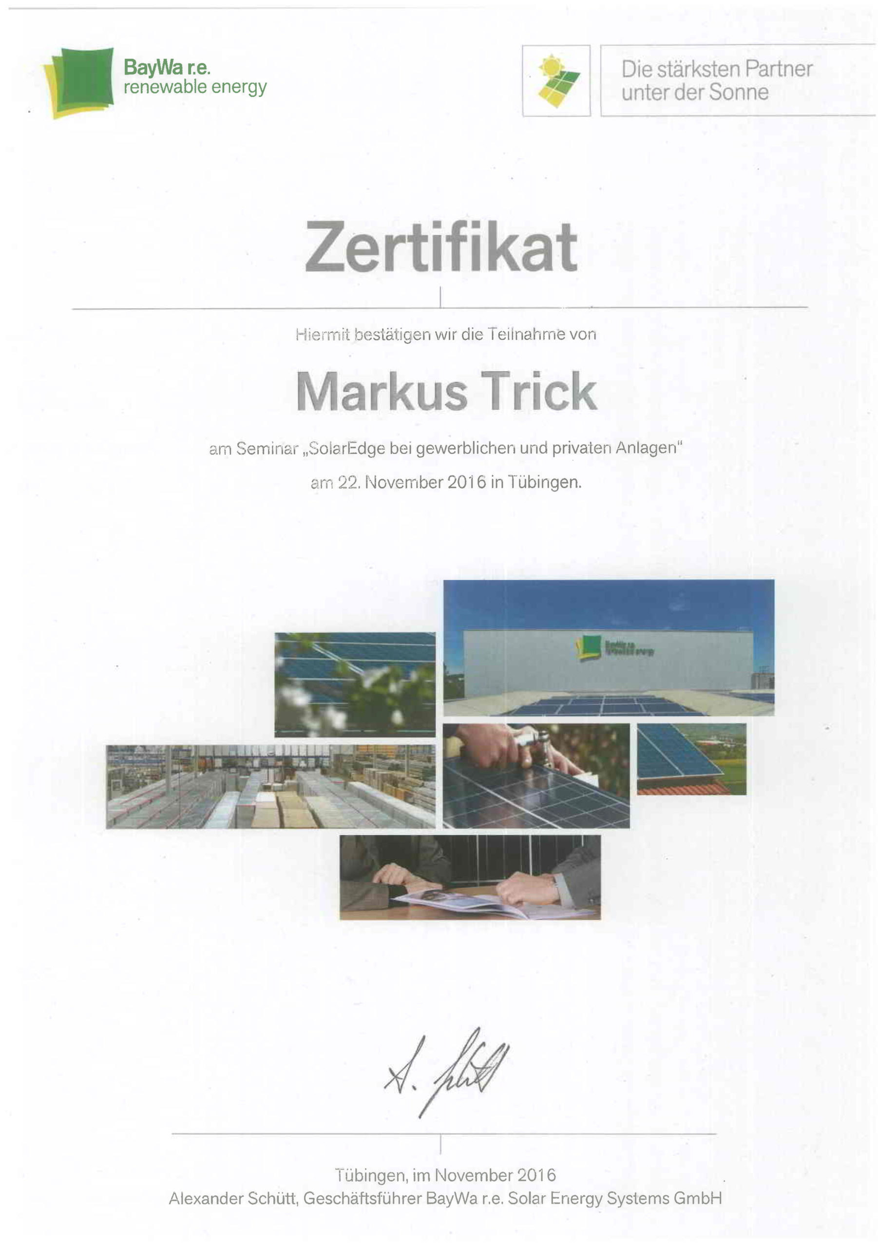 Zertifikat - SolarEdge bei gewerblichen und privaten Photovoltaikanlagen - Markus Trick