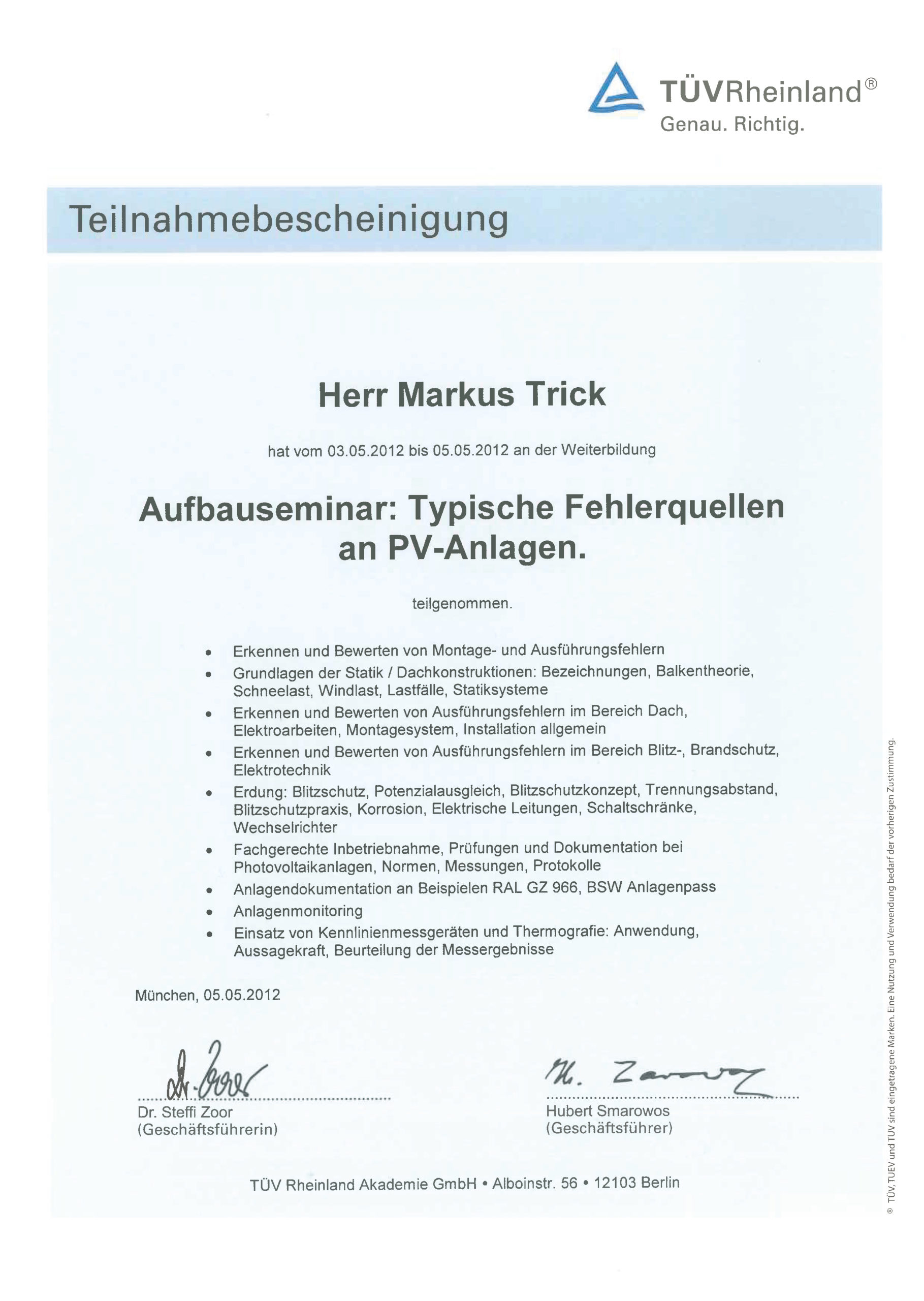 Teilnahmebescheinigung TÜV - Typische Fehlerquellen an PV-Anlagen - Markus Trick