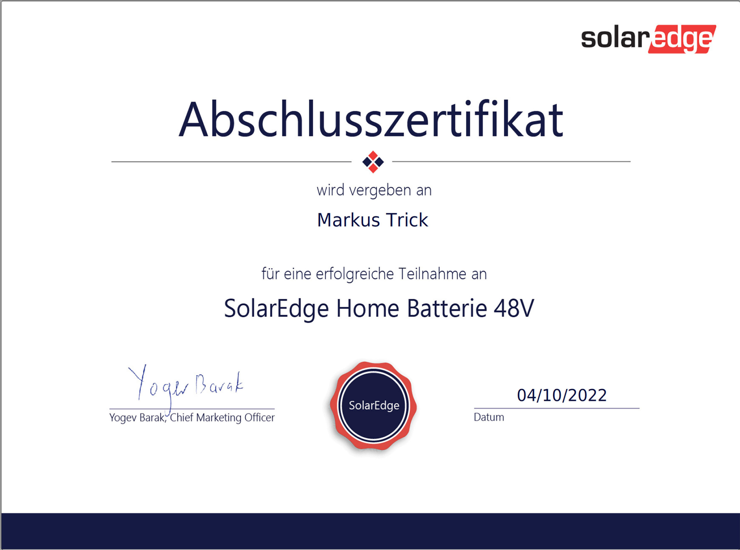 Abschlusszertifikat SolarEdge Home Batterie 48V